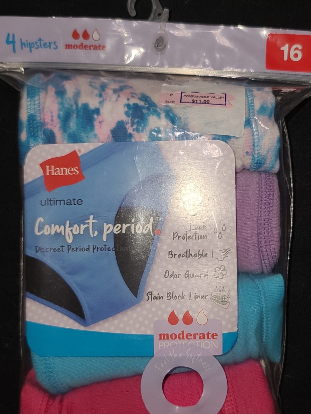 Hanes Girls' 4pk Hipster Period Underwear size 16 NWT